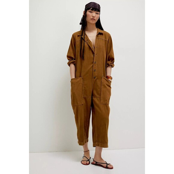 Free People We The Free Margarita Jumpsuit Utility Rigid Denim Wide Leg S 282136 - Picture 1 of 8